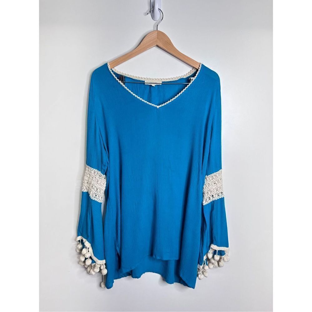 Solitaire Swim Cover Up Womens‎ Beachy Blue Pompom V Neck Long Sleeve Size Large